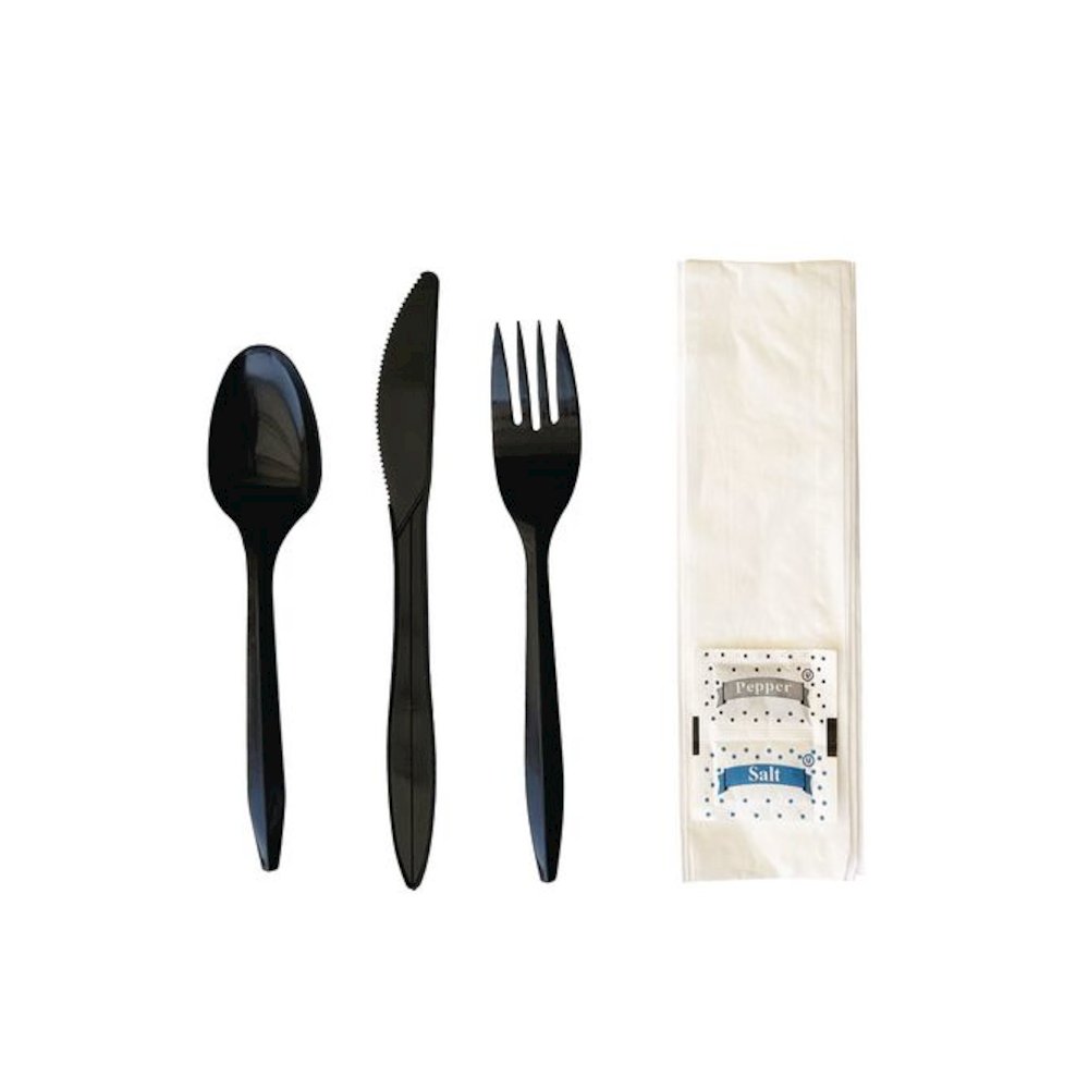 Six-Piece Cutlery Kit, Mediumweight, Fork/Knife/Napkin/Pepper/Salt/Spoon, 5.86", Plastic, Black, 250/Carton. Picture 2