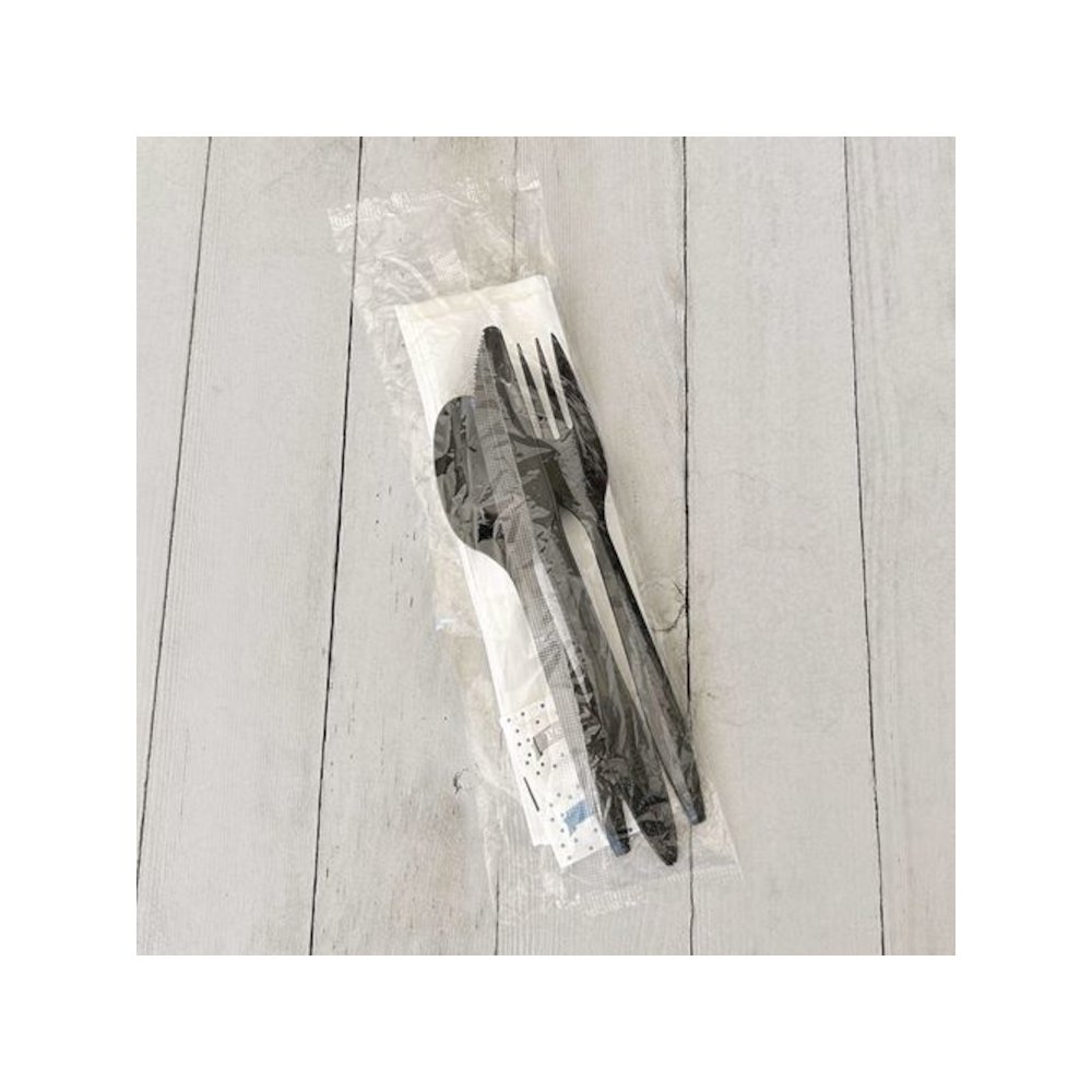 Six-Piece Cutlery Kit, Mediumweight, Fork/Knife/Napkin/Pepper/Salt/Spoon, 5.86", Plastic, Black, 250/Carton. Picture 4