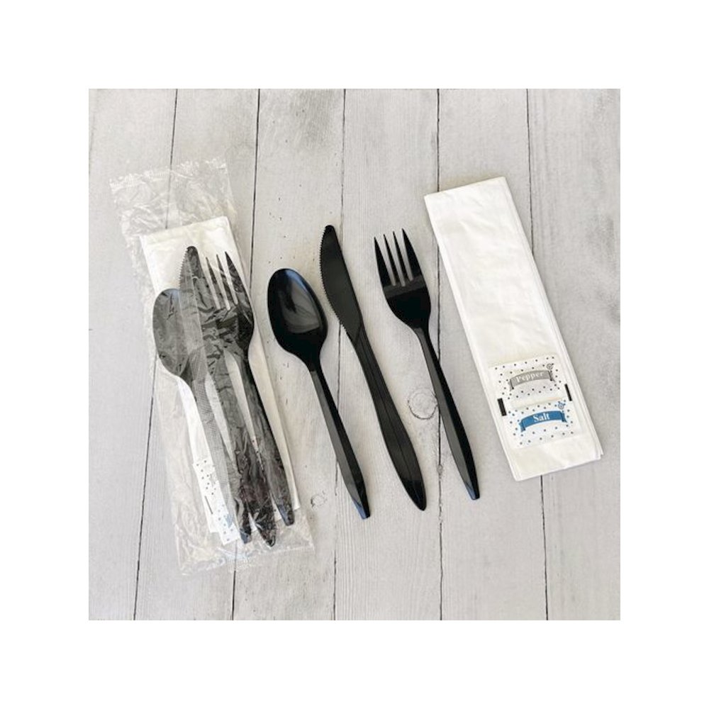 Six-Piece Cutlery Kit, Mediumweight, Fork/Knife/Napkin/Pepper/Salt/Spoon, 5.86", Plastic, Black, 250/Carton. Picture 5