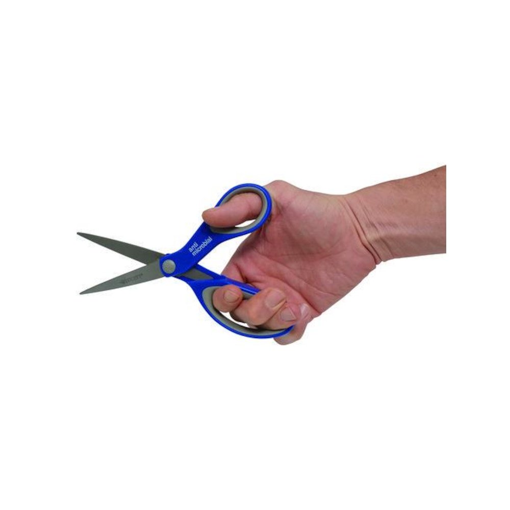 Scissors with Antimicrobial Protection, 8" Long, 3.25" Cut Length, Straight Blue/Gray Handle, 3/Pack. Picture 3