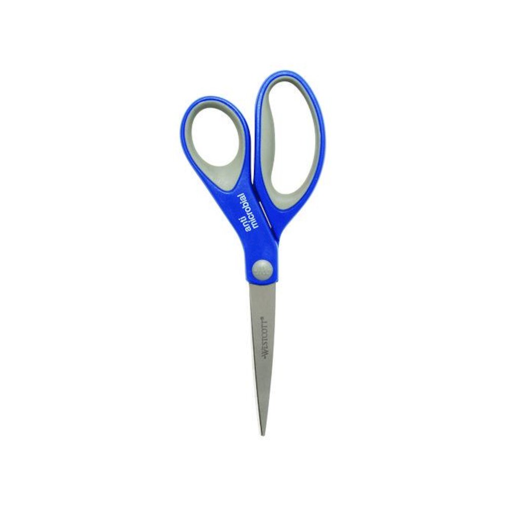 Scissors with Antimicrobial Protection, 8" Long, 3.25" Cut Length, Straight Blue/Gray Handle, 3/Pack. Picture 1
