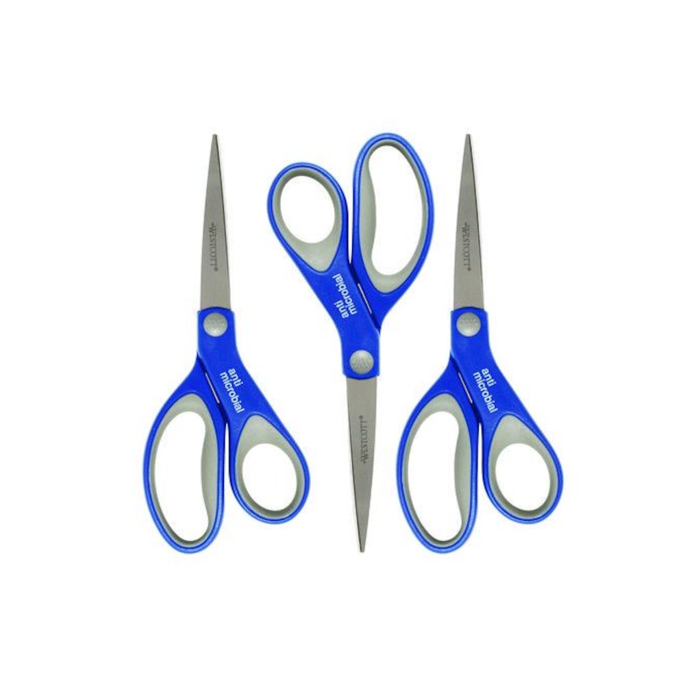 Scissors with Antimicrobial Protection, 8" Long, 3.25" Cut Length, Straight Blue/Gray Handle, 3/Pack. Picture 2
