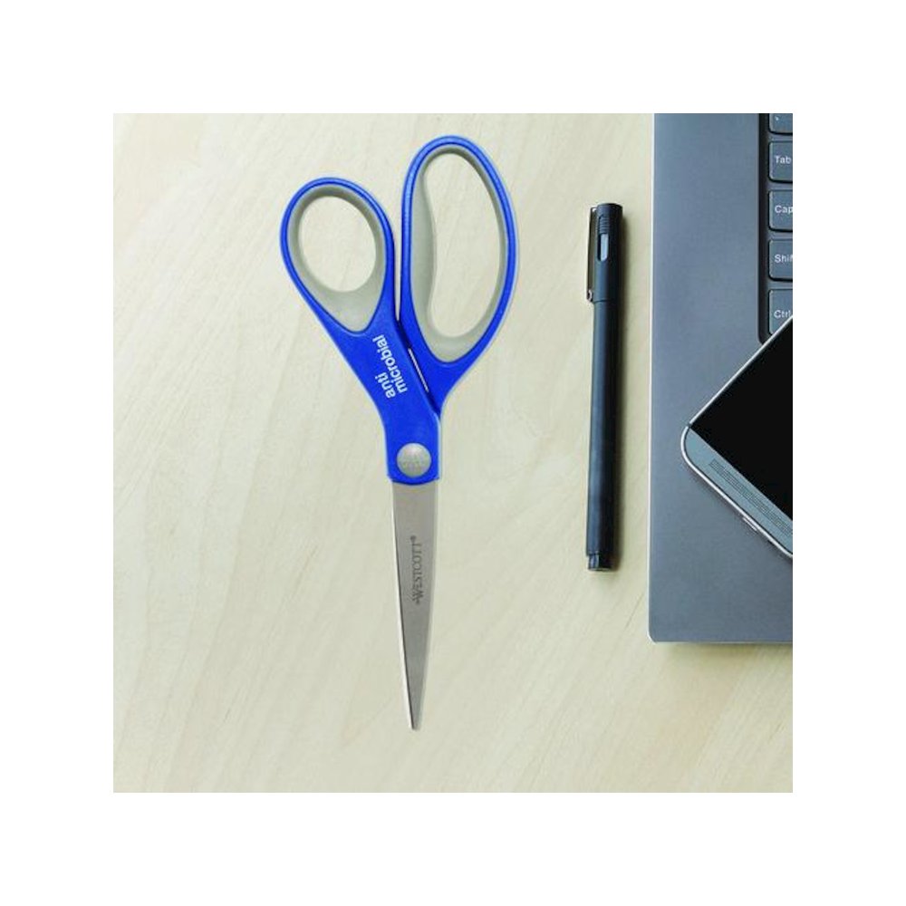 Scissors with Antimicrobial Protection, 8" Long, 3.25" Cut Length, Straight Blue/Gray Handle, 3/Pack. Picture 4