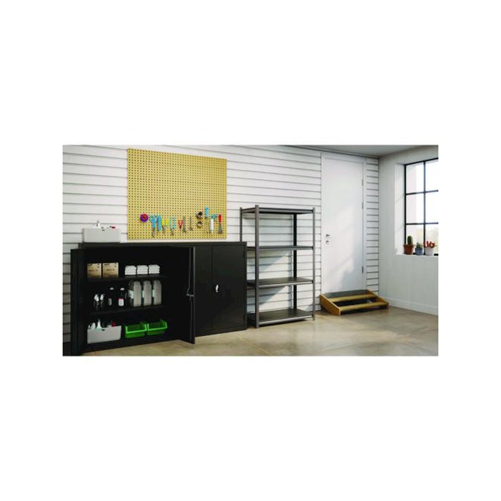 Steel Shelving Unit with Laminate Shelves, Four-Shelf, 36w x 18d x 60h, Steel, Black/Gun Metal Gray. Picture 11