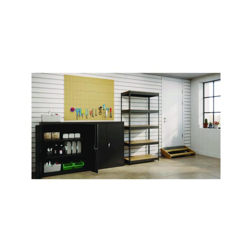 Steel Shelving Unit with Particleboard Shelves, Five-Shelf, 36w x 18d x 72h, Steel, Black. Picture 4