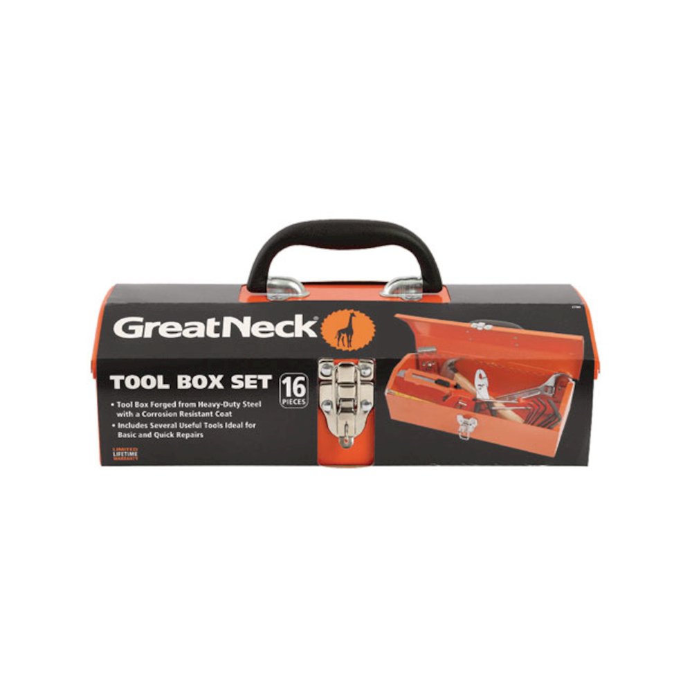 16-Piece Light-Duty Office Tool Kit, Metal Box, Red. Picture 3