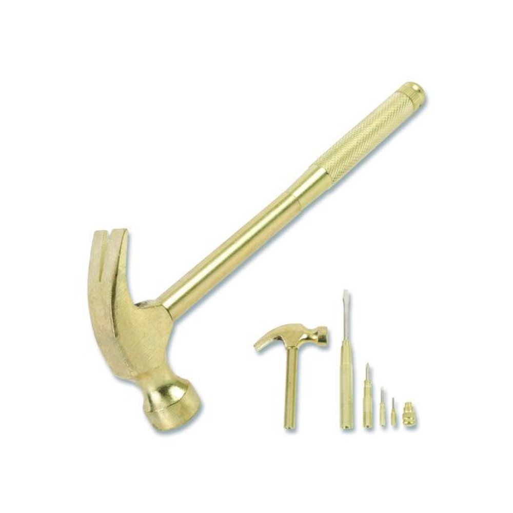 5-in-1 Carpenter's Hammer with Nesting Handle Containing Four Screwdrivers, 6.5" Long Gold Handle. Picture 1