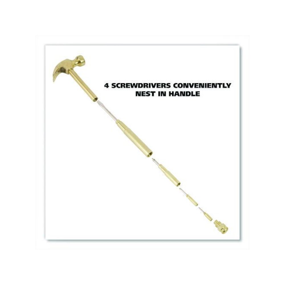 5-in-1 Carpenter's Hammer with Nesting Handle Containing Four Screwdrivers, 6.5" Long Gold Handle. Picture 6