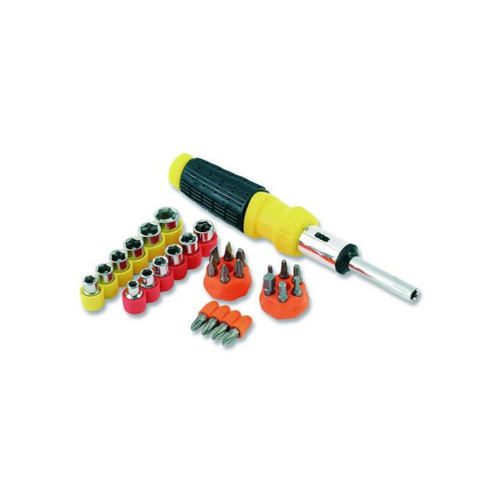 Ratcheting Screw/Nut Driver Set, 34-Piece, Hex/Phillips/Slotted/Star Bits, Metric/SAE Sockets, 8" Long, Yellow/Black Handle. Picture 1