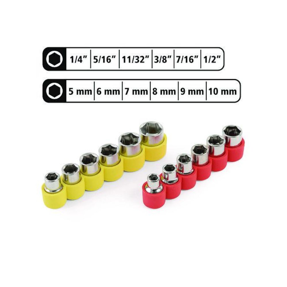 Ratcheting Screw/Nut Driver Set, 34-Piece, Hex/Phillips/Slotted/Star Bits, Metric/SAE Sockets, 8" Long, Yellow/Black Handle. Picture 2