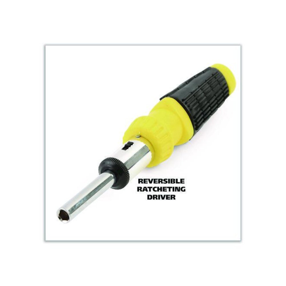 Ratcheting Screw/Nut Driver Set, 34-Piece, Hex/Phillips/Slotted/Star Bits, Metric/SAE Sockets, 8" Long, Yellow/Black Handle. Picture 5