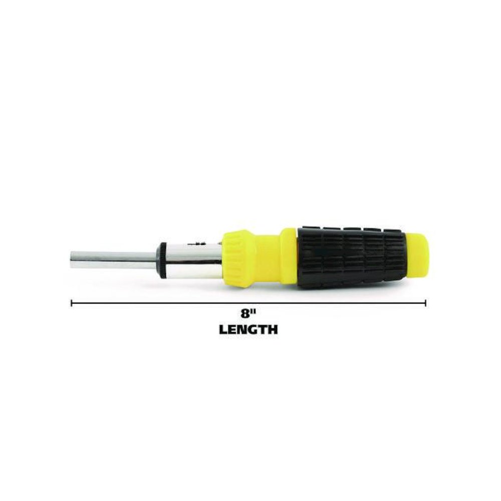Ratcheting Screw/Nut Driver Set, 34-Piece, Hex/Phillips/Slotted/Star Bits, Metric/SAE Sockets, 8" Long, Yellow/Black Handle. Picture 6