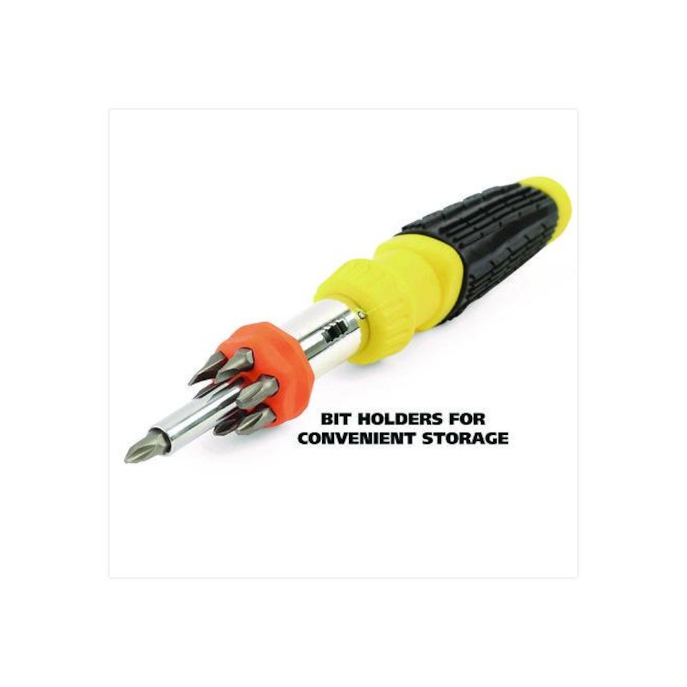 Ratcheting Screw/Nut Driver Set, 34-Piece, Hex/Phillips/Slotted/Star Bits, Metric/SAE Sockets, 8" Long, Yellow/Black Handle. Picture 8