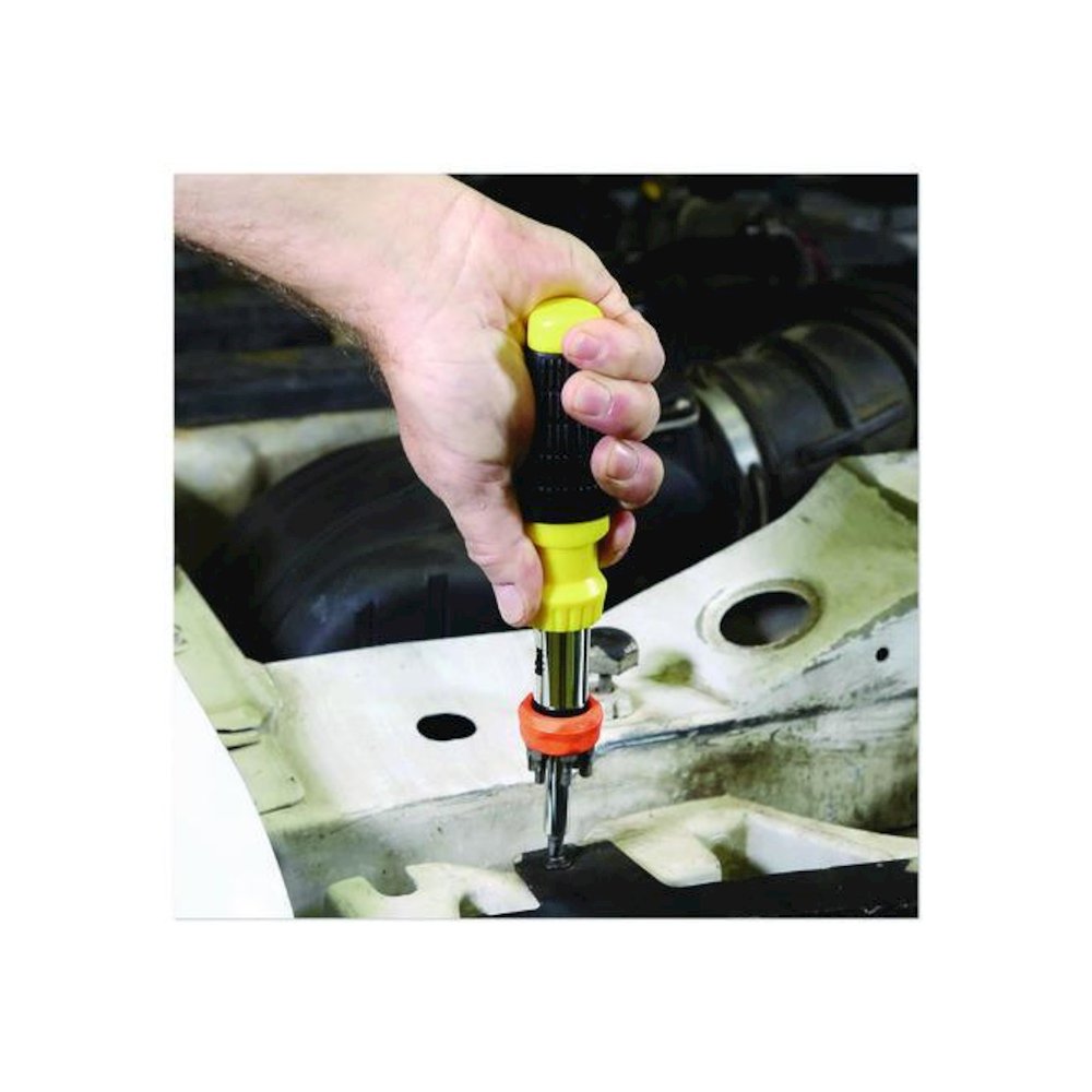 Ratcheting Screw/Nut Driver Set, 34-Piece, Hex/Phillips/Slotted/Star Bits, Metric/SAE Sockets, 8" Long, Yellow/Black Handle. Picture 11