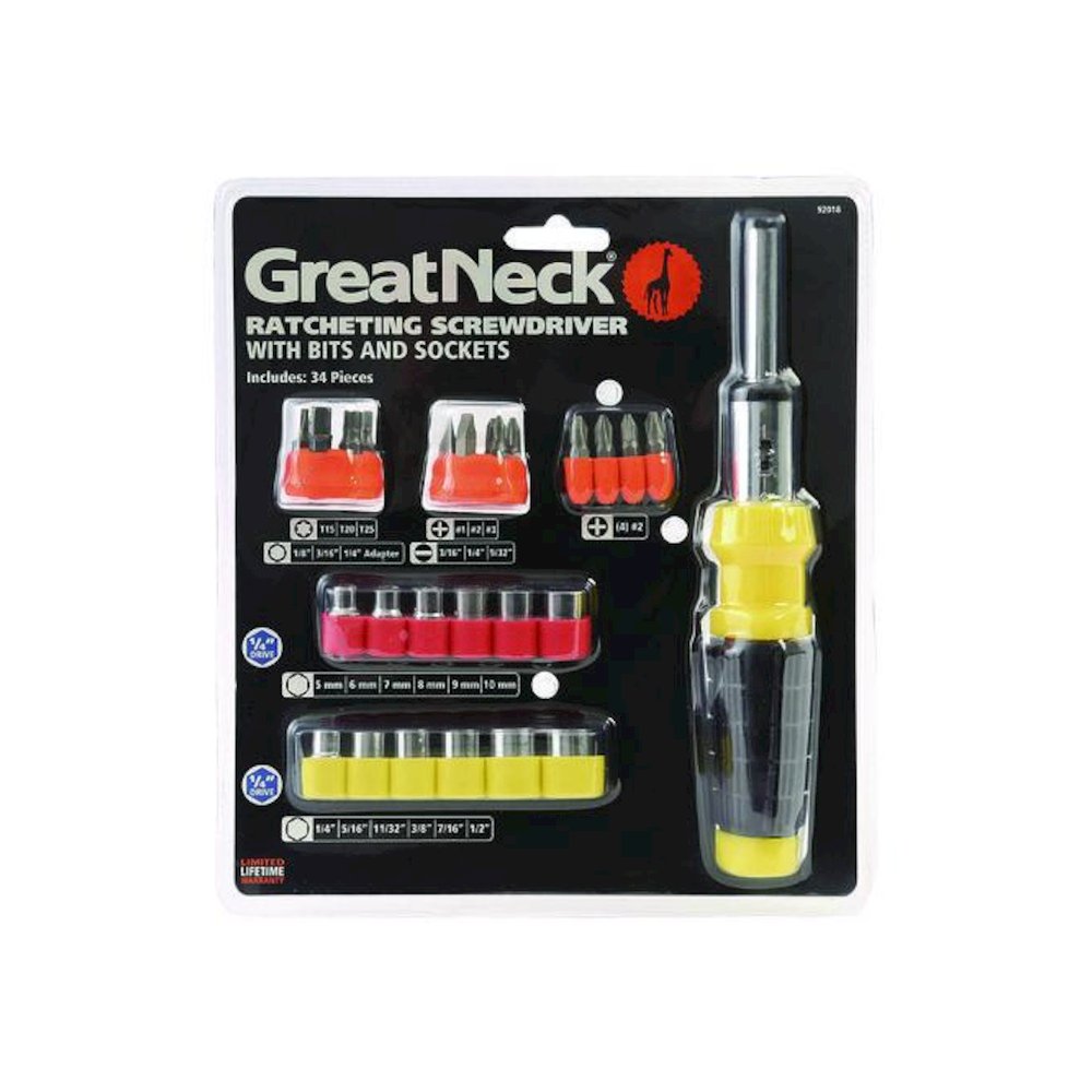 Ratcheting Screw/Nut Driver Set, 34-Piece, Hex/Phillips/Slotted/Star Bits, Metric/SAE Sockets, 8" Long, Yellow/Black Handle. Picture 3