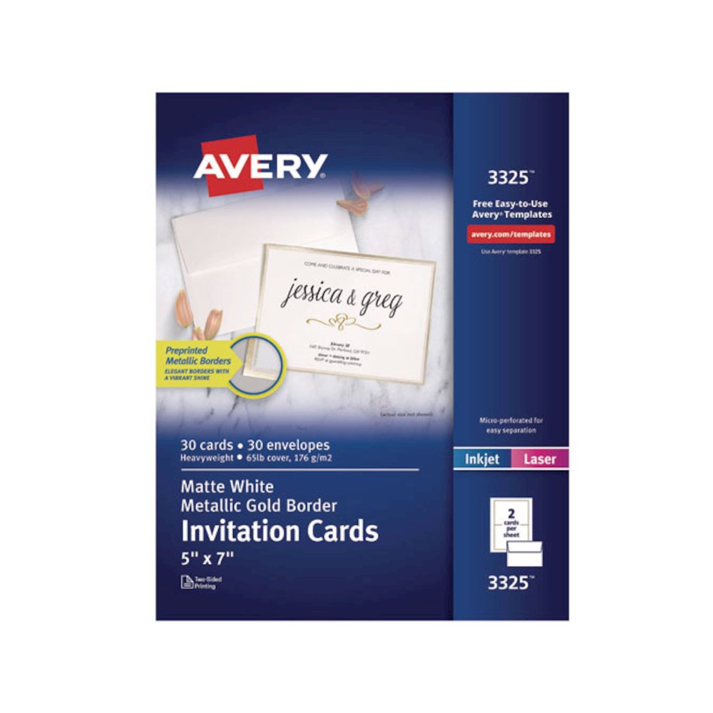 Invitation Cards with Metallic Border, Inkjet/Laser, 80 lb, 5 x 7, Matte White, 2 Cards/Sheet, 15 Sheets/Pack. Picture 1