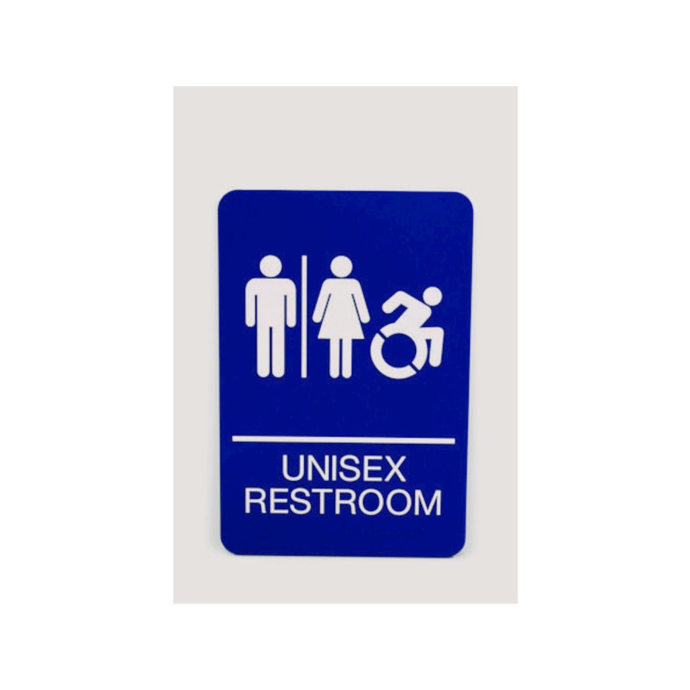 ADA Sign, Unisex Restroom, 6 x 9, Blue Face, White Graphics. Picture 1