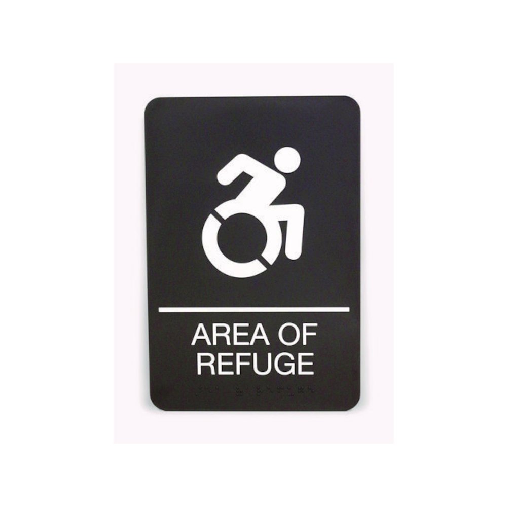 ADA Sign, Area of Refuge, 6 x 9, Black Face, White Graphics. Picture 1