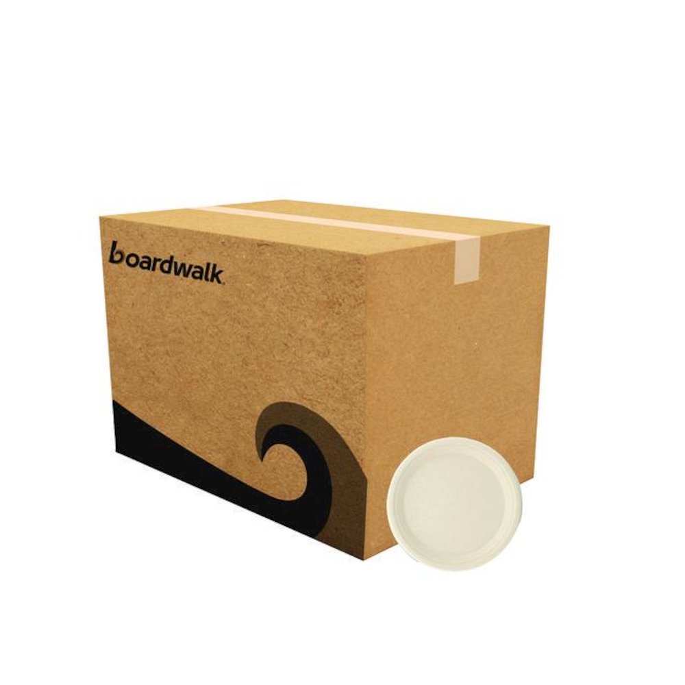 Molded Fiber PFAS-Free Dinnerware, Plate, Sugarcane, 10" dia, Tan, 500/Carton. Picture 1