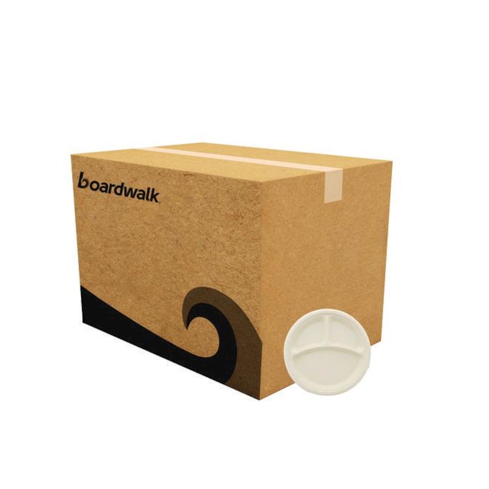 Molded Fiber PFAS-Free Dinnerware, 3-Compartment Plate, Sugarcane, 10" dia, Tan, 500/Carton. Picture 1