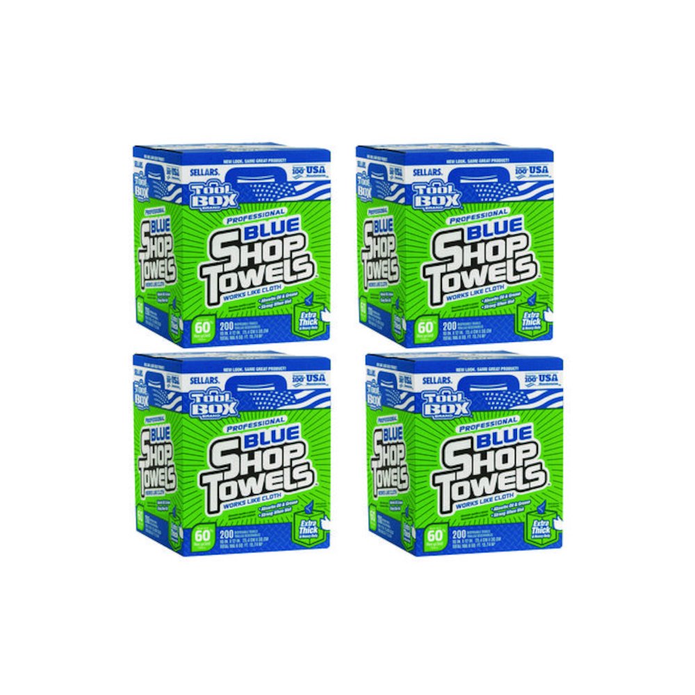 TOOLBOX Blue Shop Towels, 1-Ply, 10 x 12, Blue, 200 Sheets/Box, 4 Boxes/Carton. Picture 1