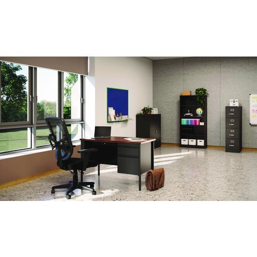 Single Pedestal Steel Desk, 45" x 24" x 29.5", Mocha/Black, Black Legs. Picture 9