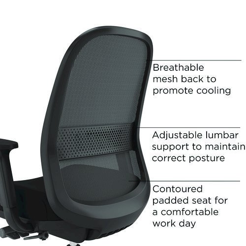 Alera Kempton Ergonomic Fabric Mesh Swivel Task Chair, Supports Up to 275lb, 18.31 to 22.17 Seat Height, Black Seat/Back/Base. Picture 3