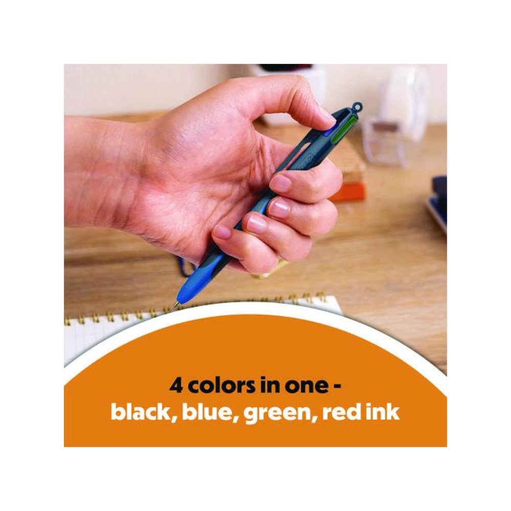 4-Color Smooth Multi-Color Ballpoint Pen, Retractable, Medium 1 mm, Black/Blue/Green/Red Ink, Black/Blue Barrel, 12/Pack. Picture 3