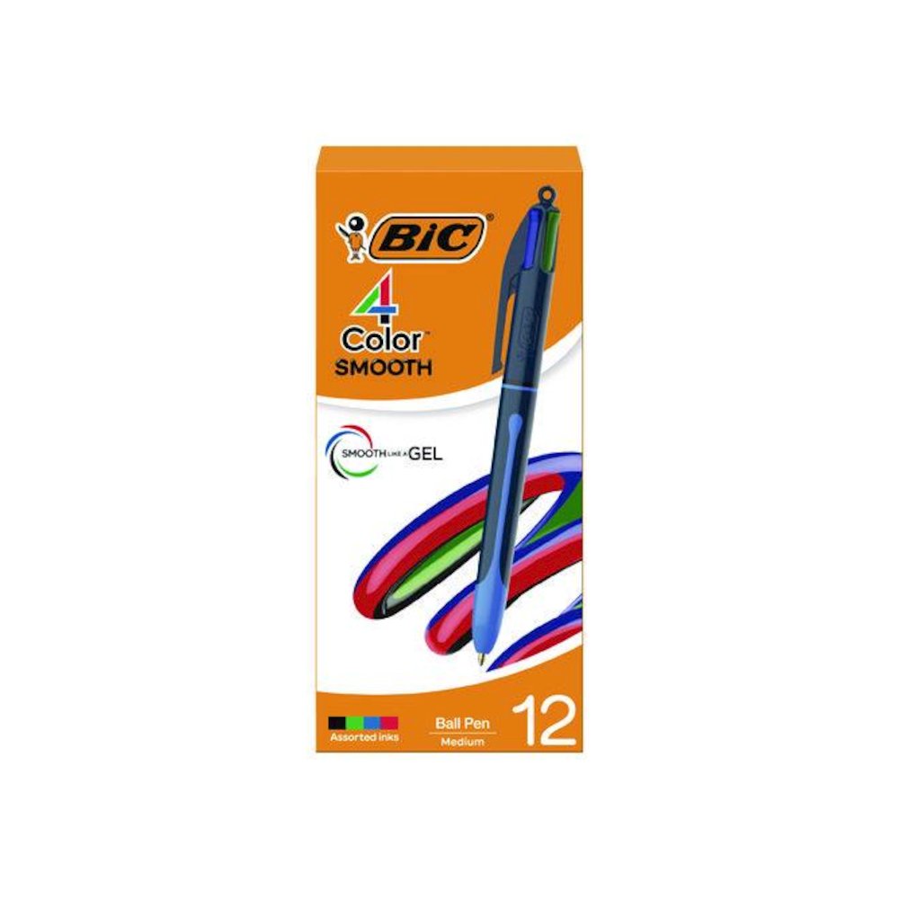 4-Color Smooth Multi-Color Ballpoint Pen, Retractable, Medium 1 mm, Black/Blue/Green/Red Ink, Black/Blue Barrel, 12/Pack. Picture 1
