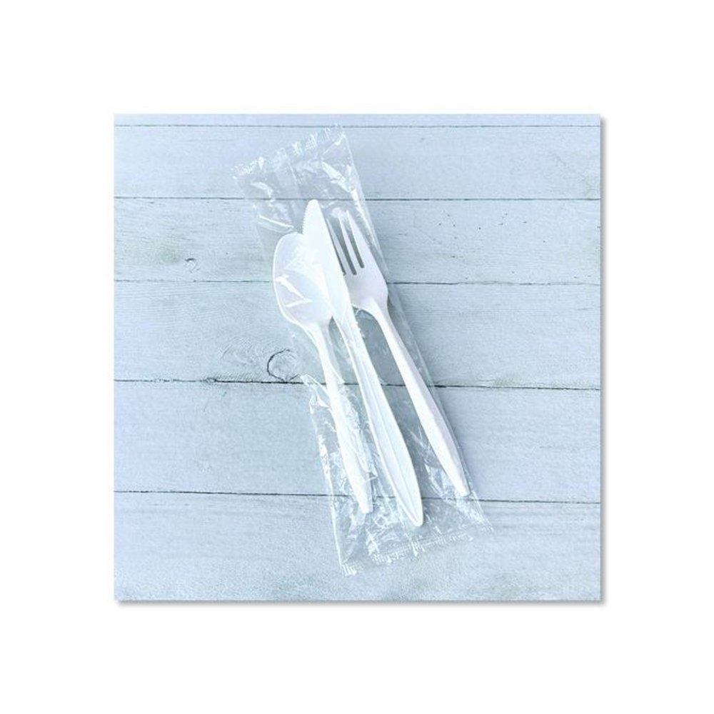 Three-Piece Polystyrene Cutlery Kit, Mediumweight, Fork/Knife/Spoon, Plastic, White, 250/Carton. Picture 5