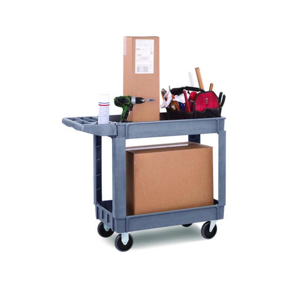 Two-Shelf Utility Cart, Plastic, 2 Shelves, 500 lb Capacity, 17.25" x 40" x 33.5", Gray. Picture 6