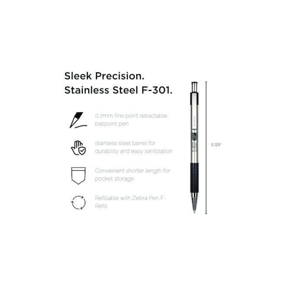 F-301 Ballpoint Pen, Retractable, Fine 0.7 mm, Black Ink, Stainless Steel/Black Barrel, Dozen. Picture 5