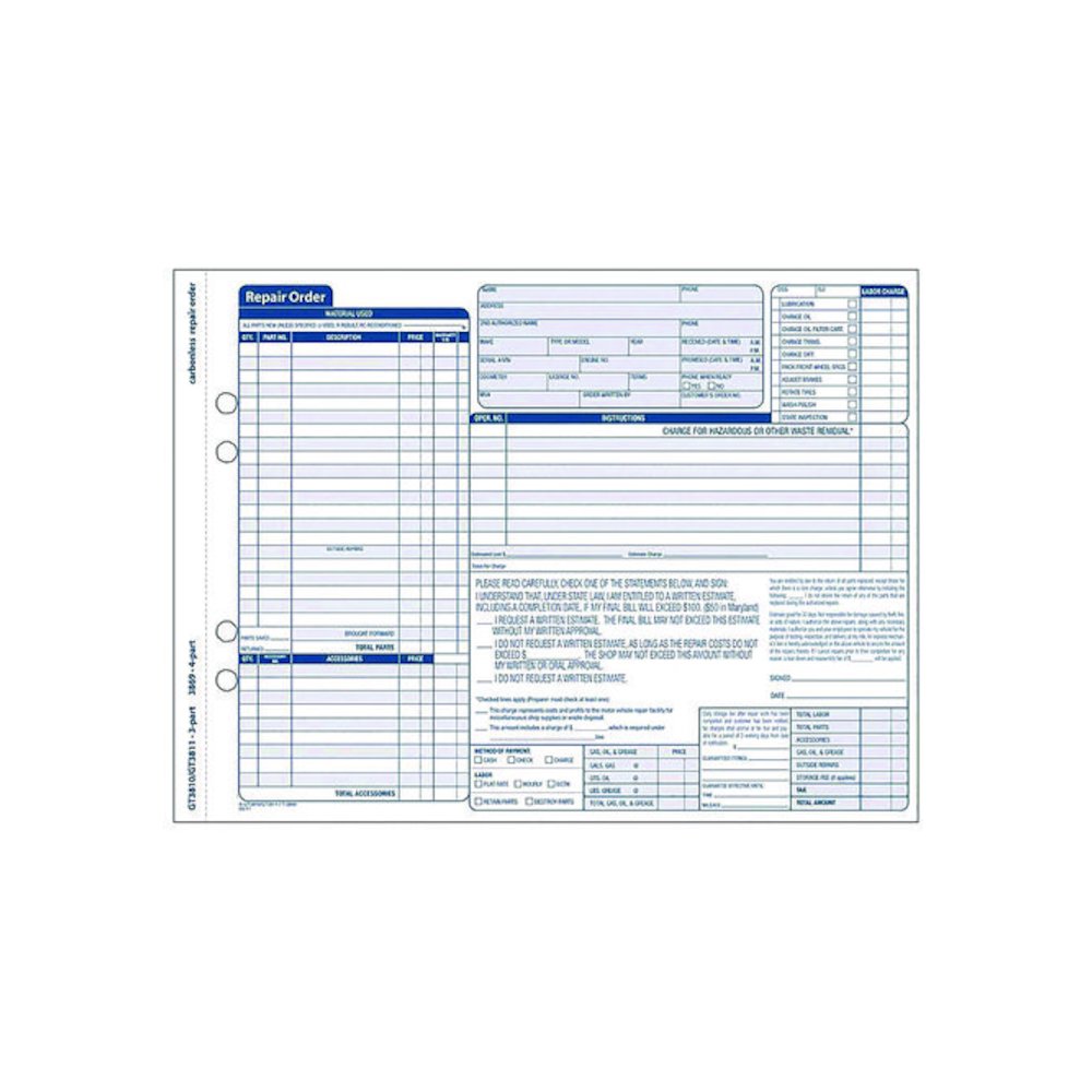 Multipart Auto Repair Work Order Forms with Checklist for Routine Jobs, Three-Part Carbonless, 10.94 x 8.5, 50 Forms Total. Picture 2