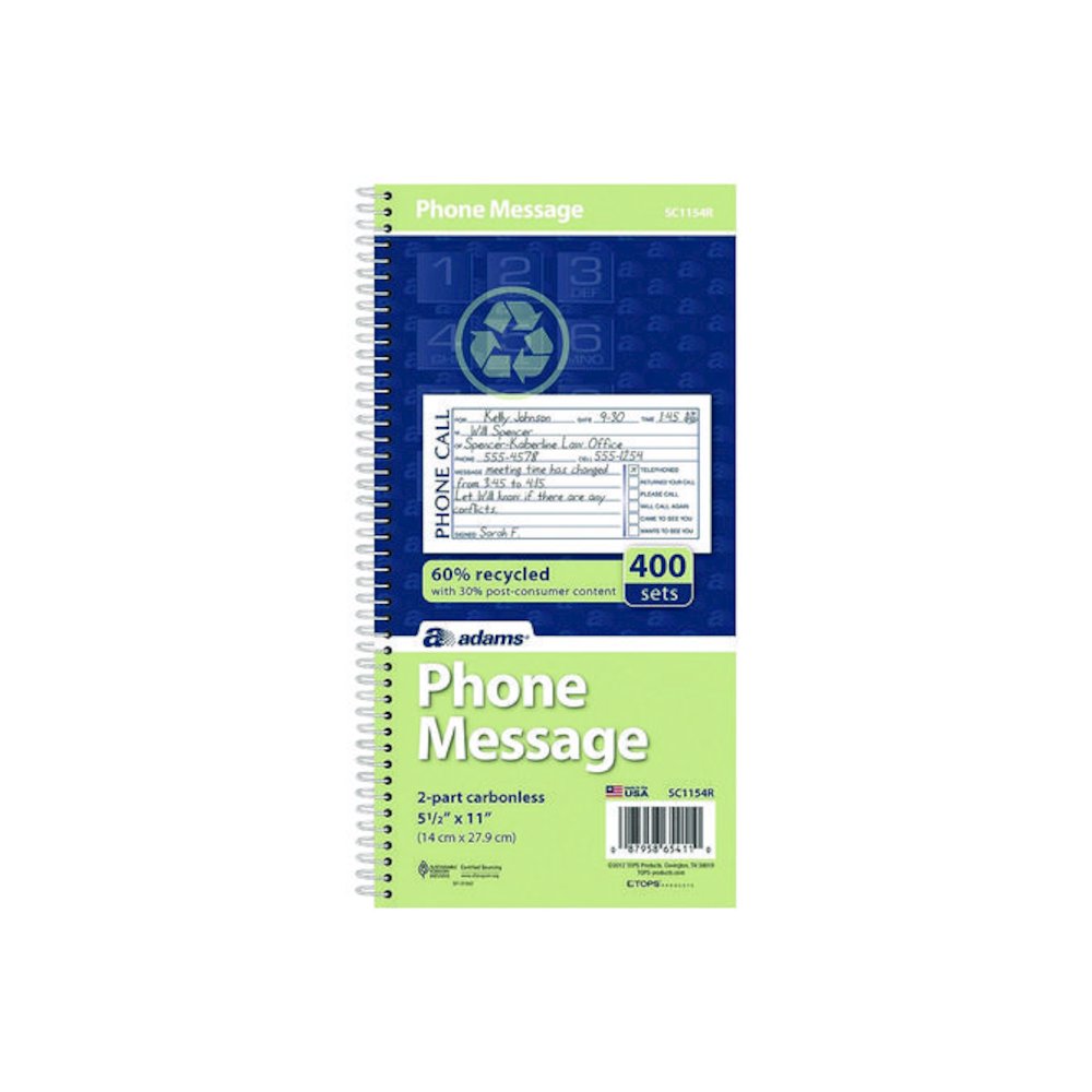 Wirebound Telephone Message Book, Two-Part Carbonless, 4.75 x 2.75, 4 Forms/Sheet, 400 Forms Total. Picture 1