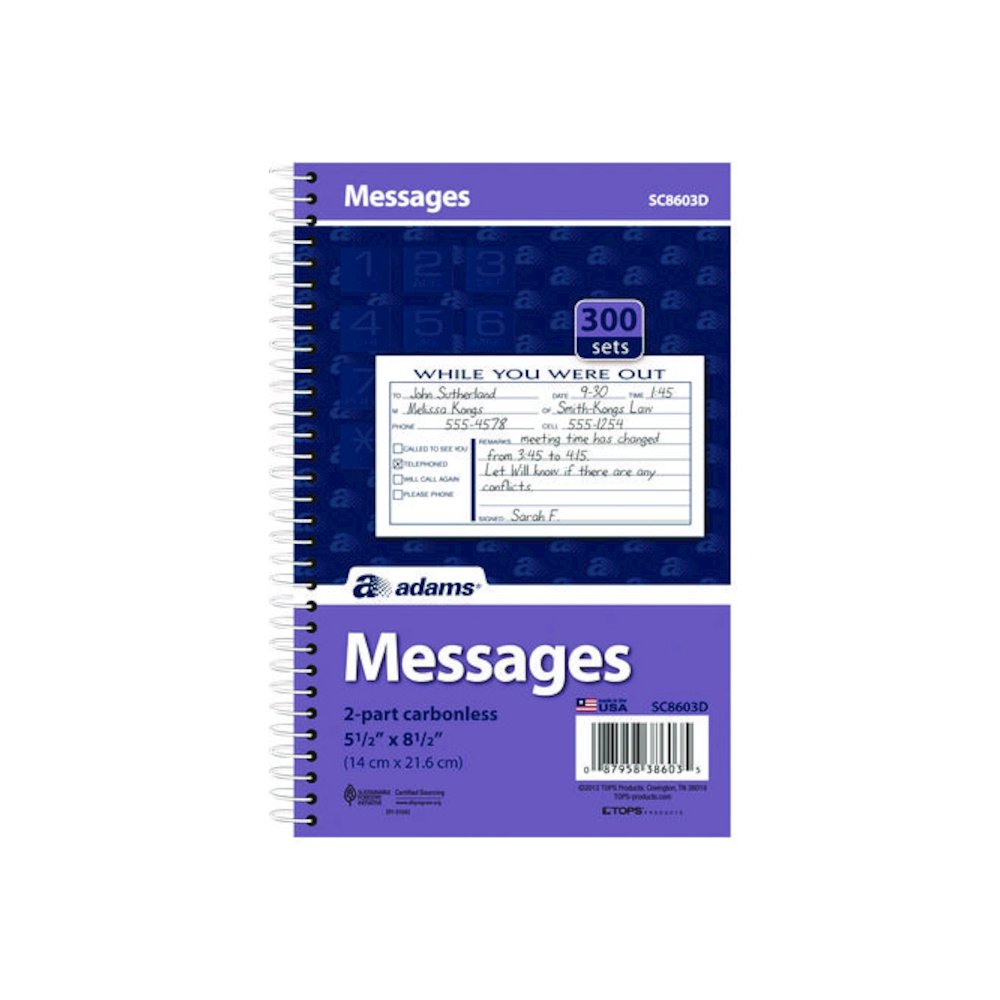 While You Were Out Messages Book, Two-Part Carbonless, 5 x 2.83, 3 Forms/Sheet, 300 Forms Total. Picture 1