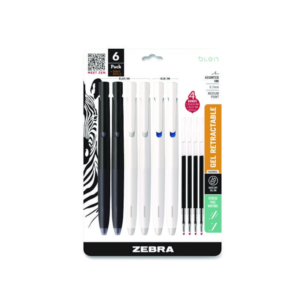 bLen Gel Pen, Medium 0.7 mm, Black; Blue Ink, White; Black Barrel, 6/Pack. Picture 1