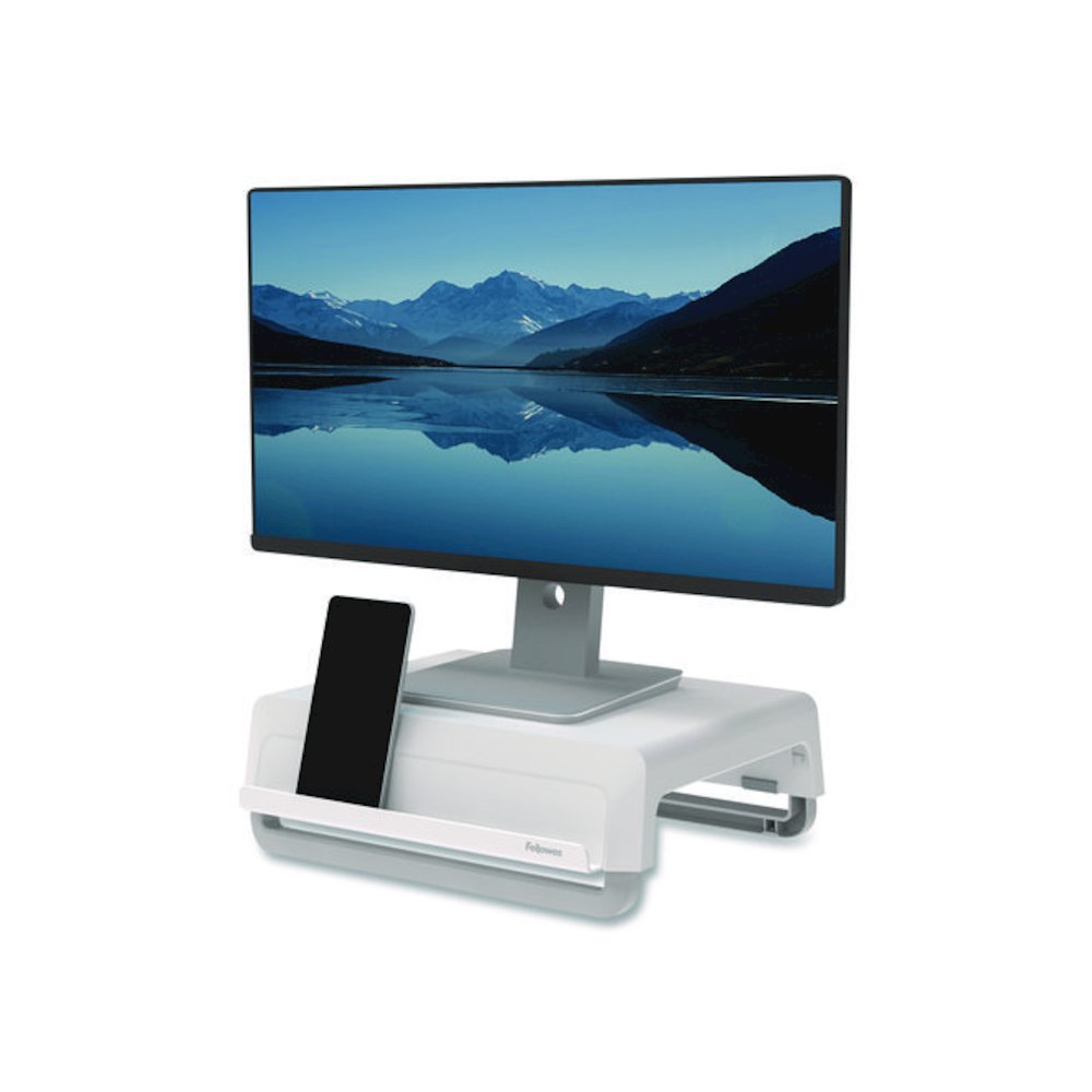 Breyta Monitor Stand, 13.94" x 11.97" x 3.23" to 5.9", White, Supports 33 lb. Picture 6