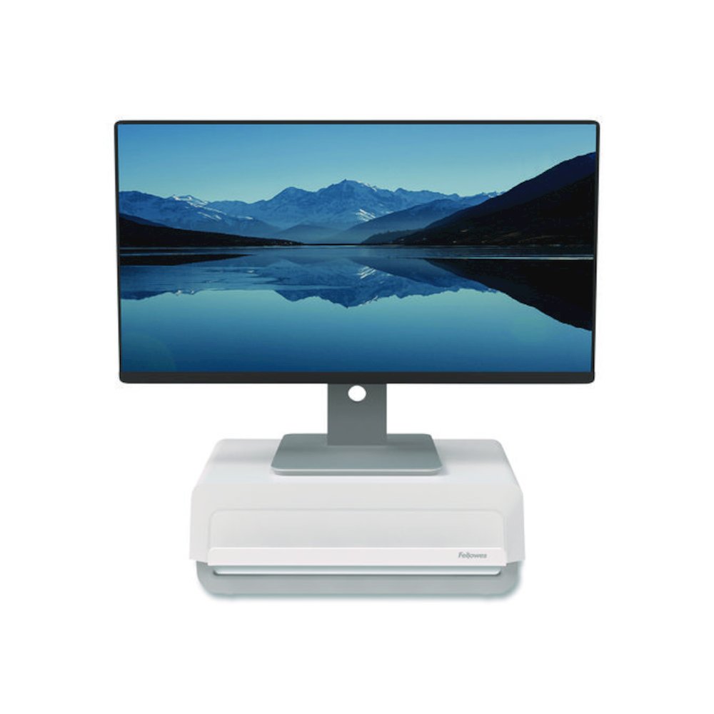 Breyta Monitor Stand, 13.94" x 11.97" x 3.23" to 5.9", White, Supports 33 lb. Picture 8