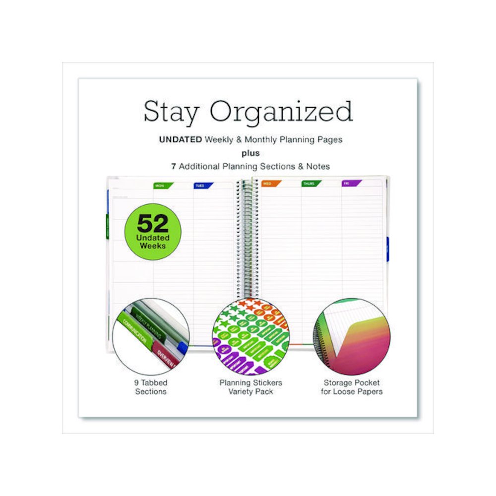 Deluxe Teacher's Academic Weekly/Monthly Planner, 7 Classes, Rainbow Artwork, Multicolor Cover, 11 x 8.5 Sheets, 52-Week Span. Picture 3