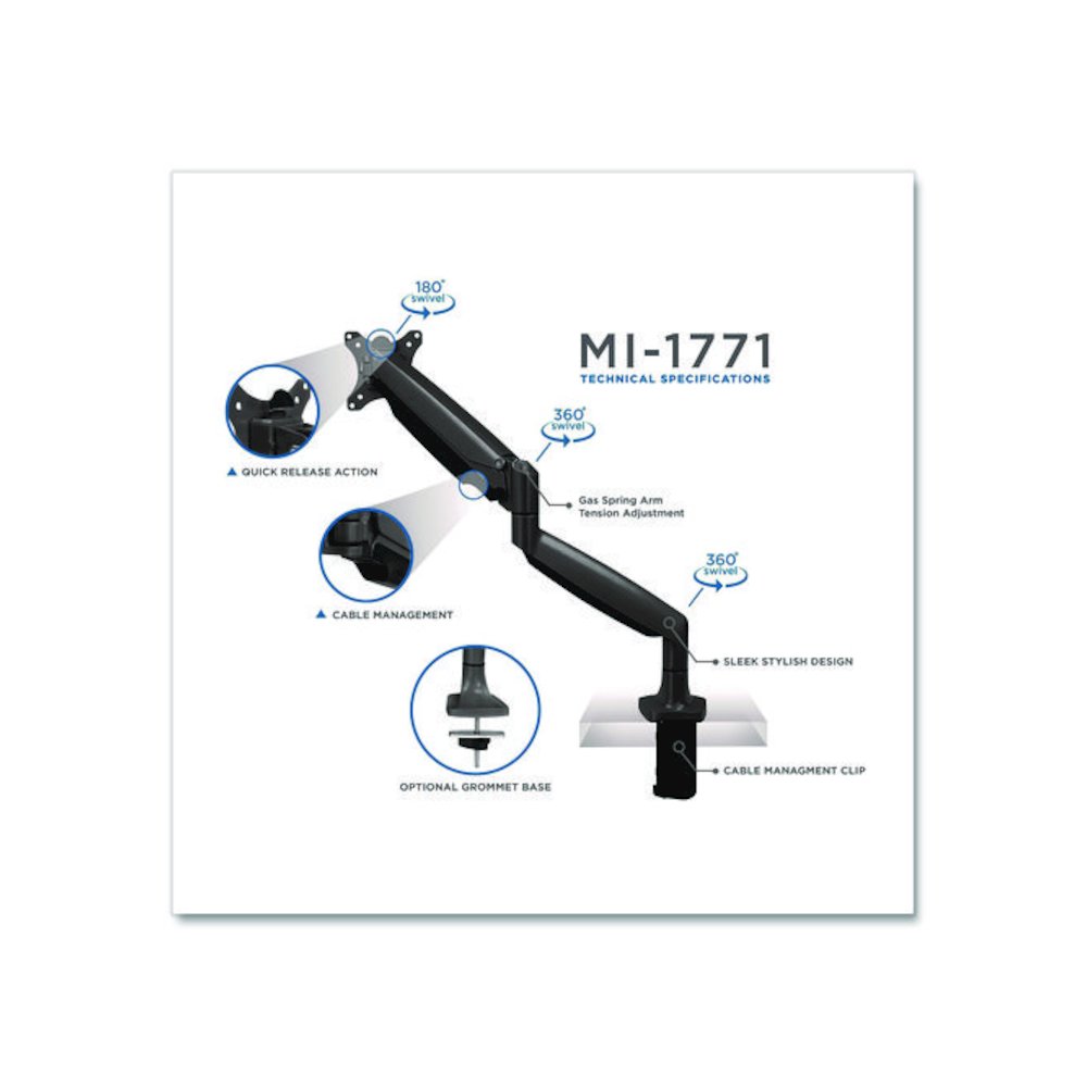 Single Monitor Gas-Spring Mounting Arm, For 13" to 32" Monitors, 360 Degree Rotation, +/-45 Degree Tilt, Black, Supports 20lb. Picture 3