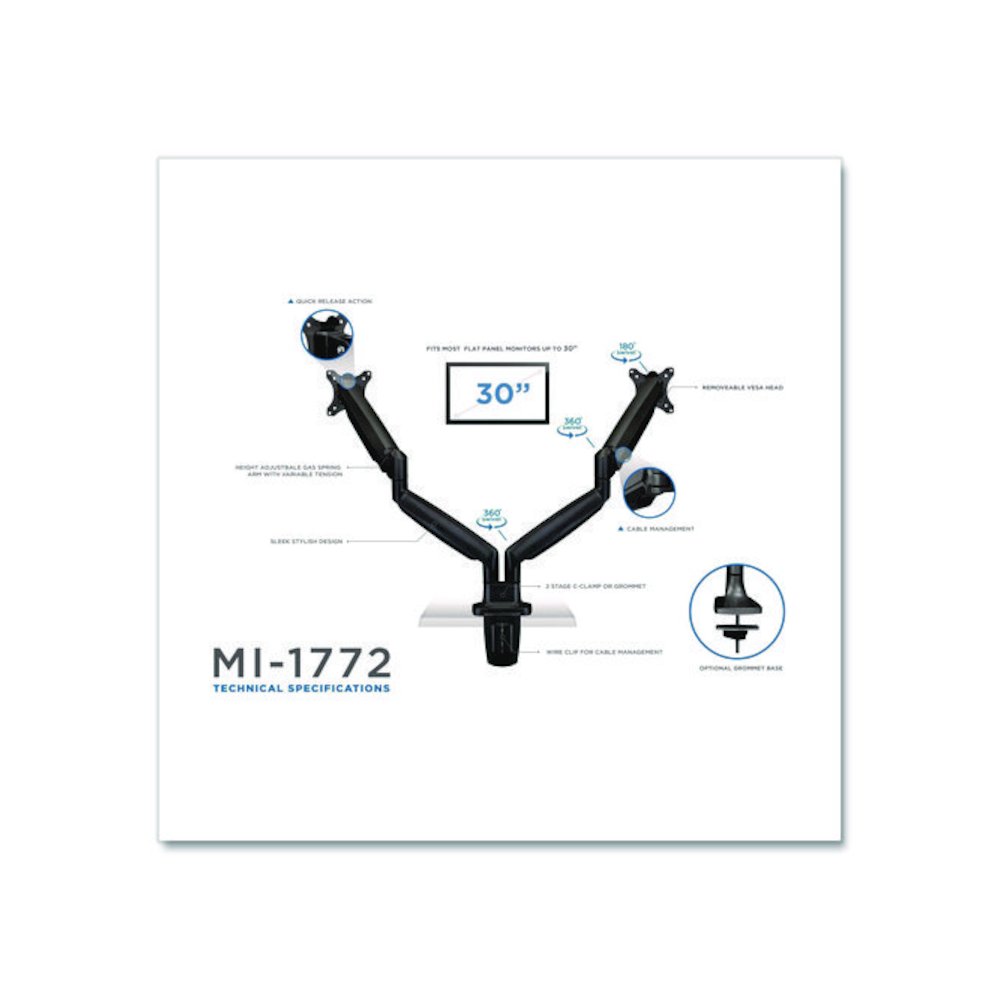Dual Monitor Gas-Spring Mounting Arm, For 13" to 32" Monitors, 360 Degree Rotation, +/-45 Degree Tilt, Black, Supports 20 lb. Picture 3
