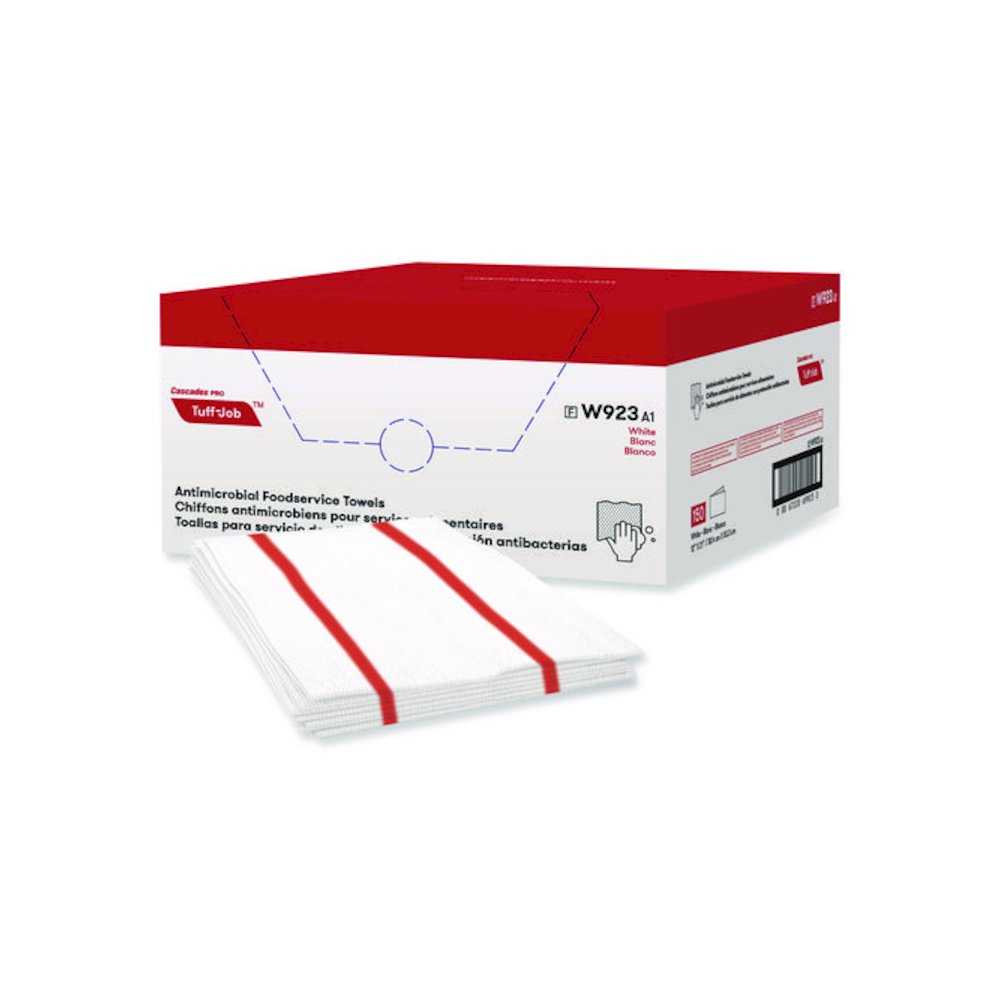Tuff-Job Guard Antimicrobial Towels, 12 x 21, 1/4 Fold, White/Red, 150/Carton. Picture 1