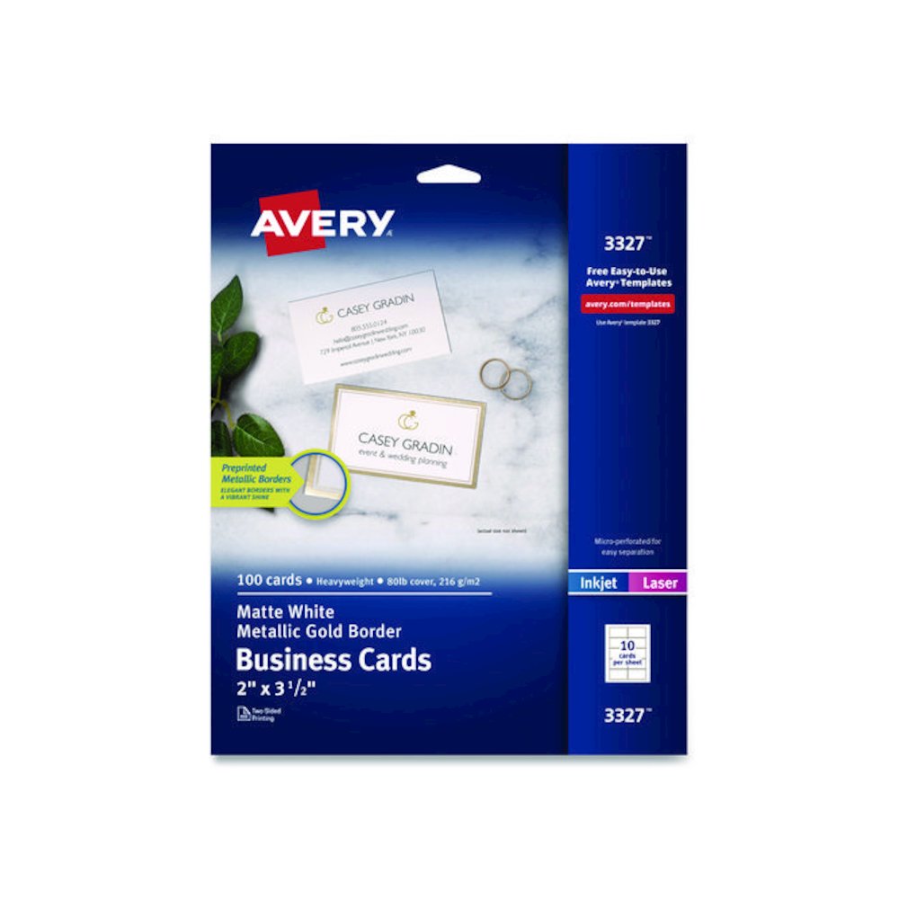 Business Cards with Metallic Gold Borders, Inkjet/Laser, 2 x 3.5, White, 10 Cards/Sheet, 10 Sheets/Pack. Picture 1