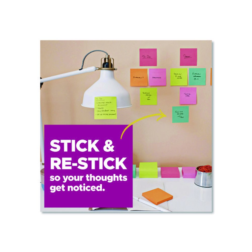 Super Sticky Pads in Canary Yellow, 3 x 3, 90 Sheets/Pad, 10 Pads/Pack. Picture 4