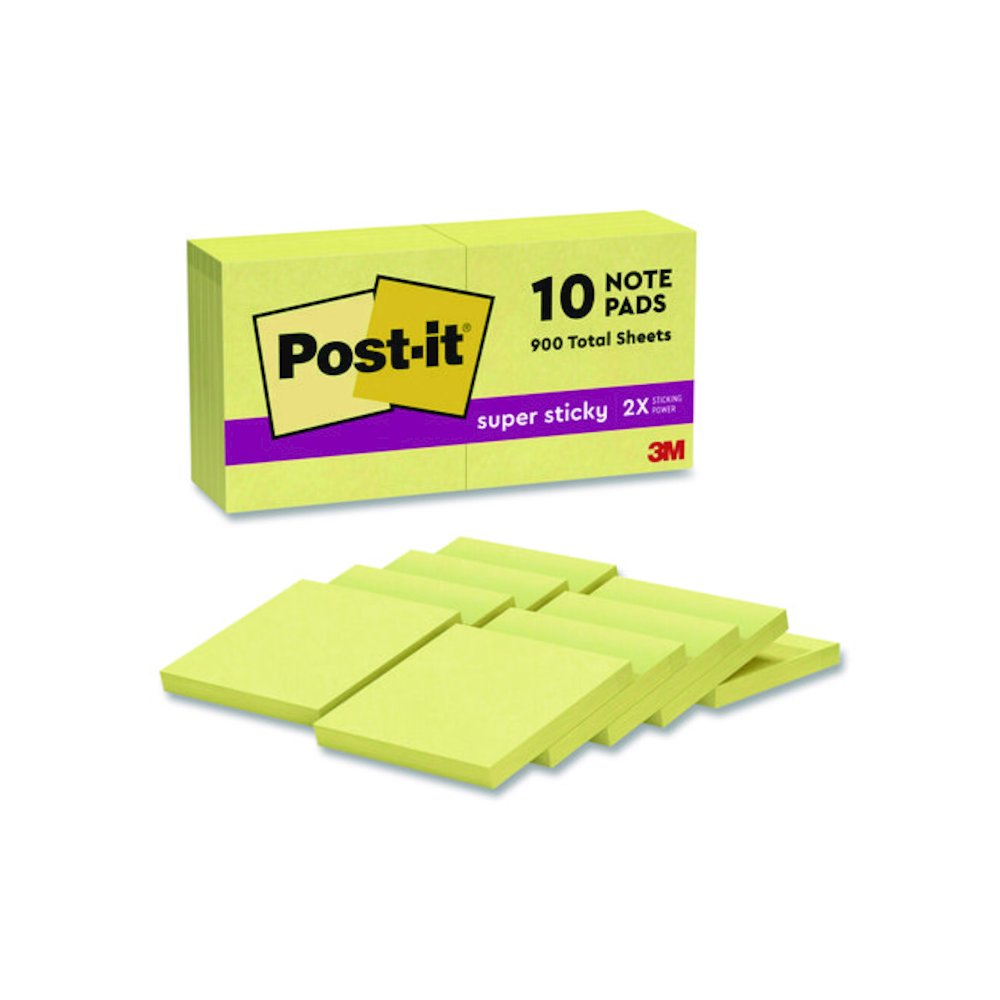 Super Sticky Pads in Canary Yellow, 3 x 3, 90 Sheets/Pad, 10 Pads/Pack. Picture 1