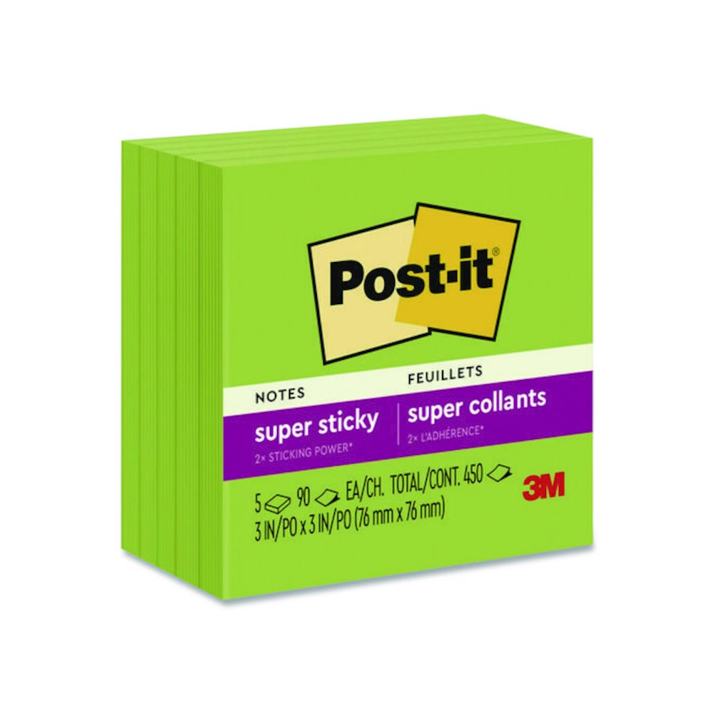 Super Sticky Pads in Energy Boost Collection Colors, 3 x 3, Limeade, 90 Sheets/Pad, 5 Pads/Pack. Picture 1