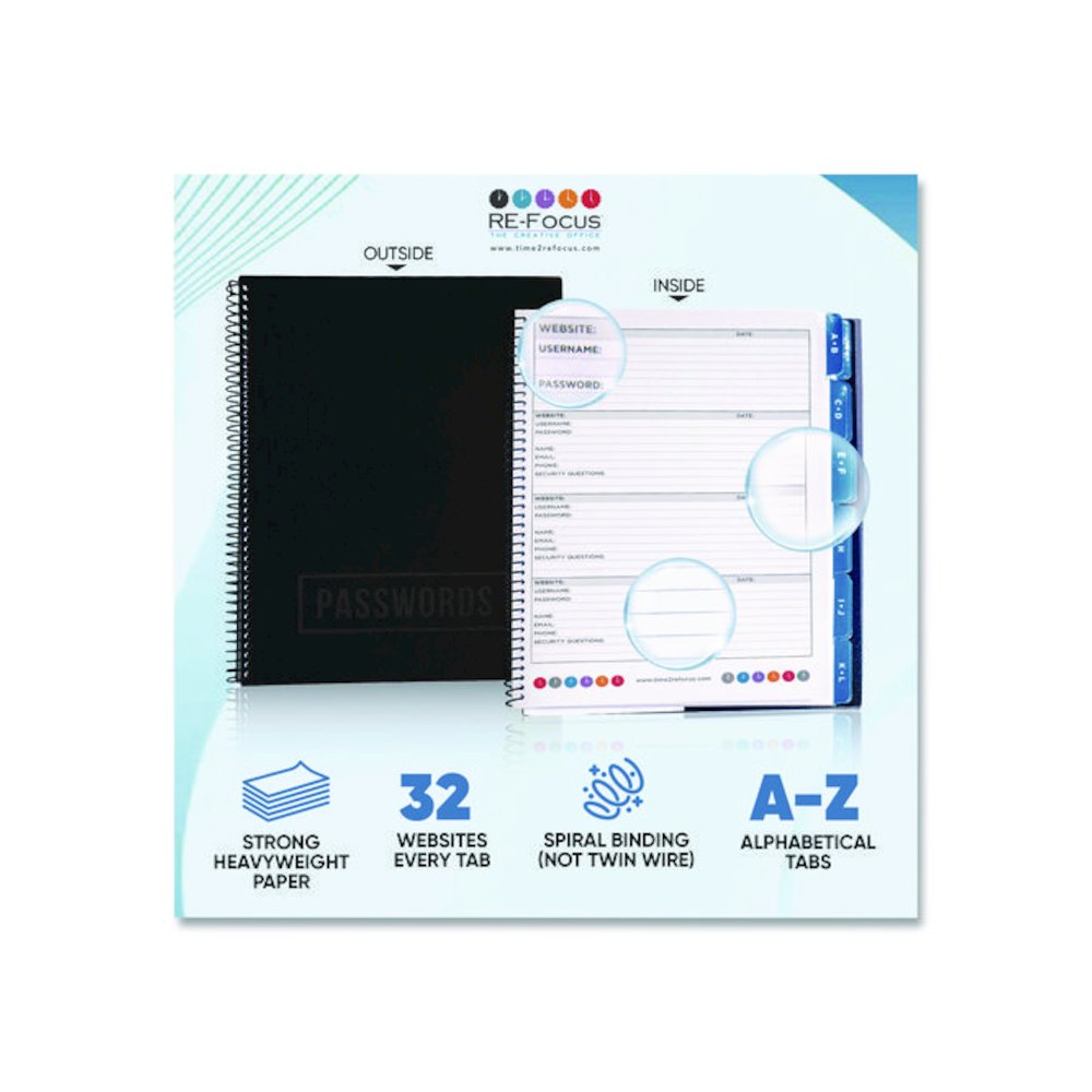 Large Password Log Book, User-Name/Password Format, Black Cover, (48) 10 x 7.5 Sheets. Picture 4