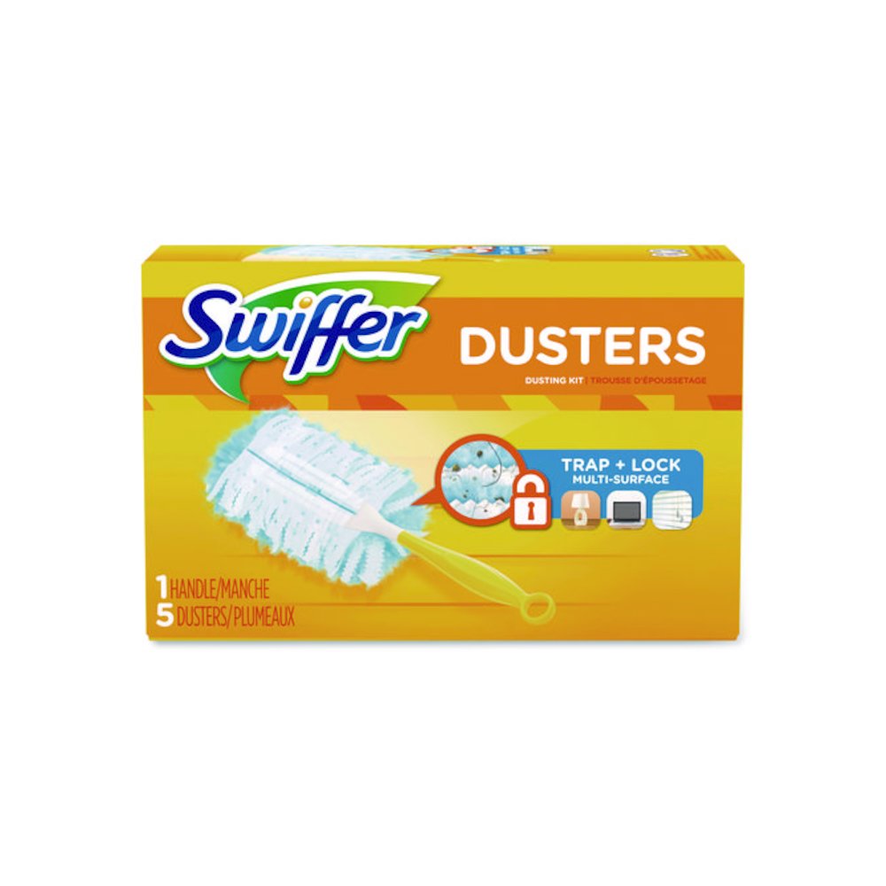 Dusters Starter Kit, Dust Lock Fiber, 6" Handle with Five Refill Dusters, Blue/Yellow. Picture 1