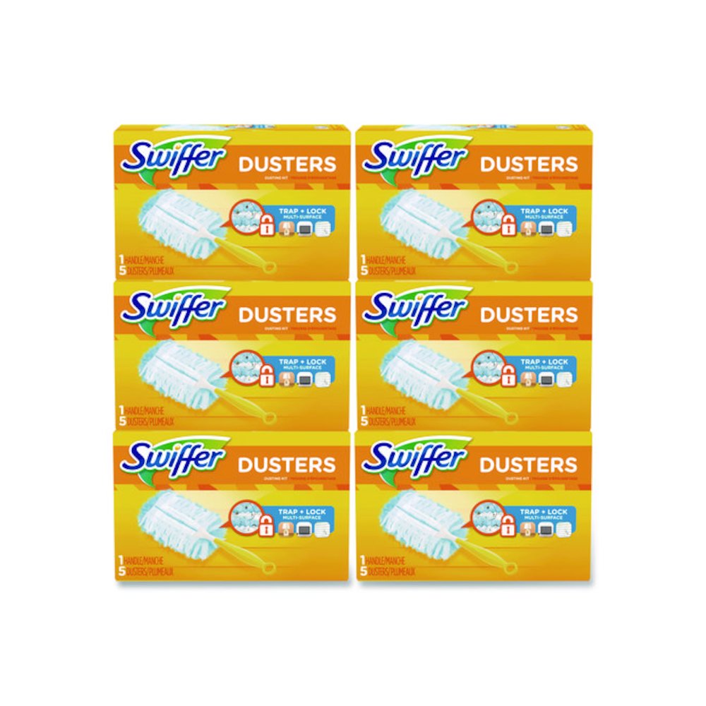 Dusters Starter Kit, Dust Lock Fiber, 6" Handle with Five Refill Dusters, Blue/Yellow, 6/Carton. Picture 1
