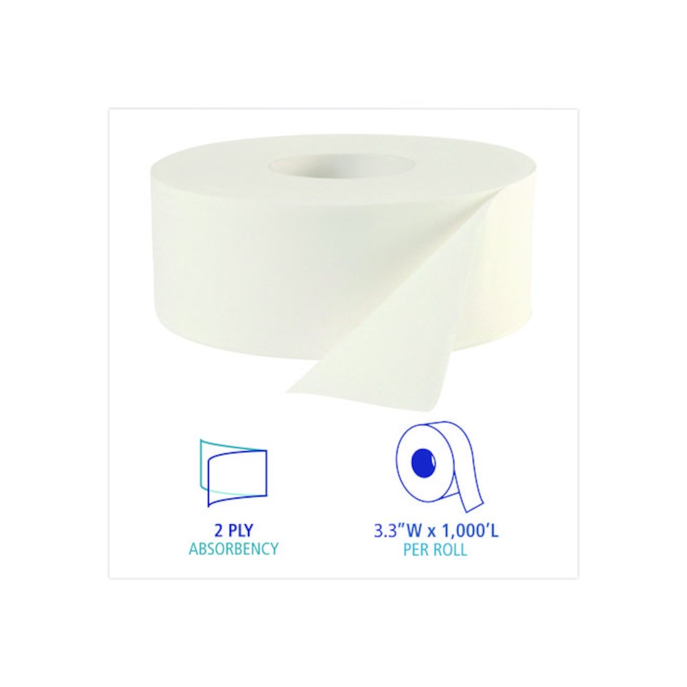JRT Jumbo Roll Bathroom Tissue, Septic Safe, 2-Ply, 3.3" x 1,000 ft, White, 12 Rolls/Carton. Picture 4
